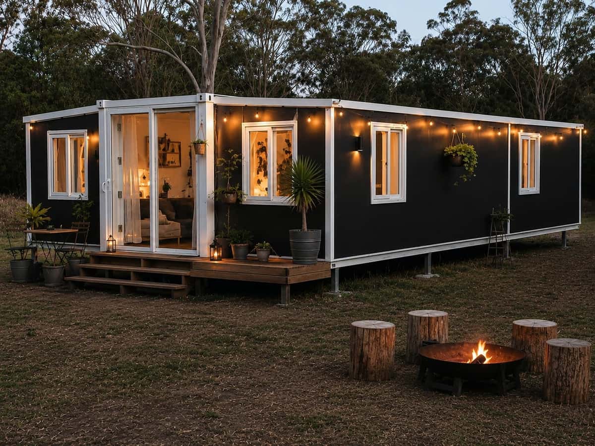 A warm modular home glowing at dusk with string lights and a firepit